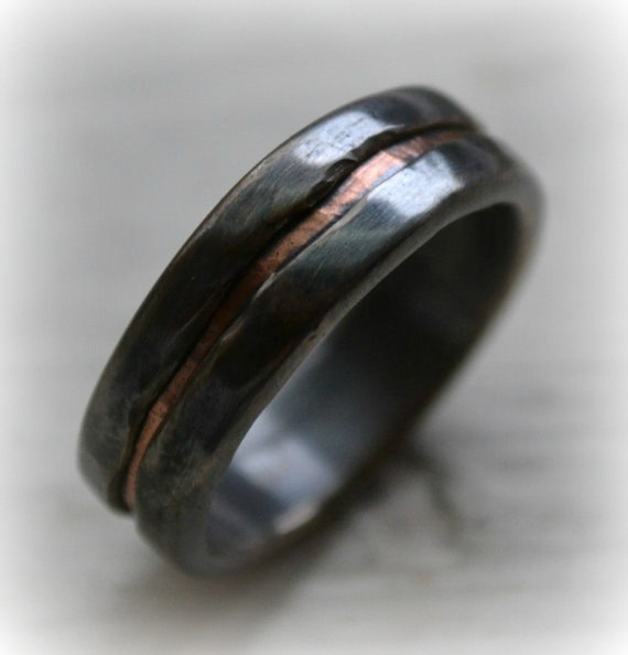 Mariage - mens wedding band - rustic fine silver and copper ring - handmade oxidized artisan designed wedding or engagement band - customized