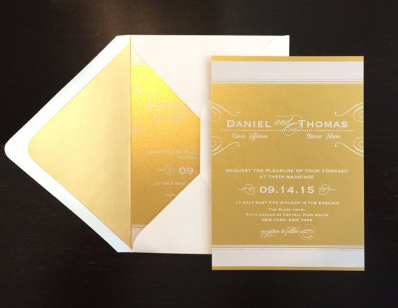 Wedding - SAMPLE Gold Wedding Invitation with White Ink, Wedding Invitation Gold Liner, Metallic Gold, White Ink, Custom Wedding Invitation, Art Deco