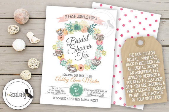 Wedding - Bridal Shower Invitation, Tea Party, Shabby Chic, Succulent, Printable Invitation, Floral Wreath, Wedding DIY, Digital or Printed Invitation