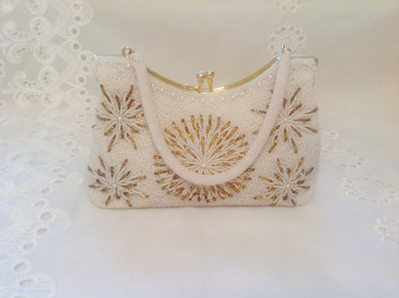 زفاف - Vintage Beaded Wedding HoneyMoon Dinner Dance Handbag Purse Cream White Pocketbook Clutch