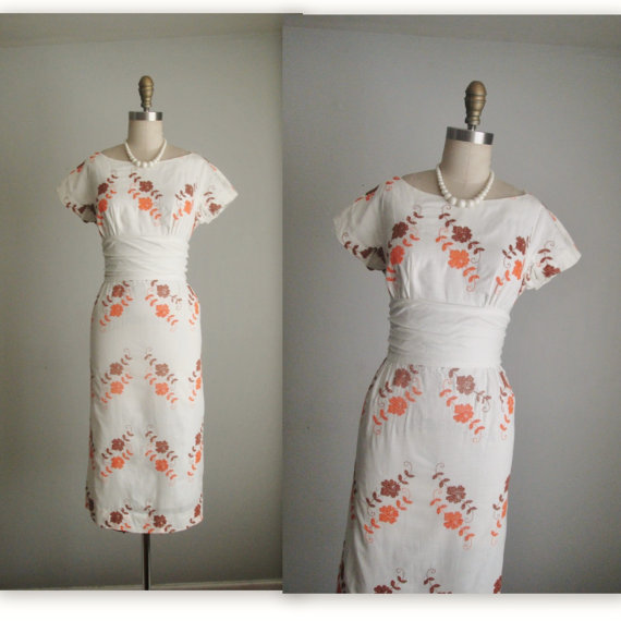 زفاف - 50's Floral Dress // 1950's Embroidered Floral Cotton Garden Party Day Dress S