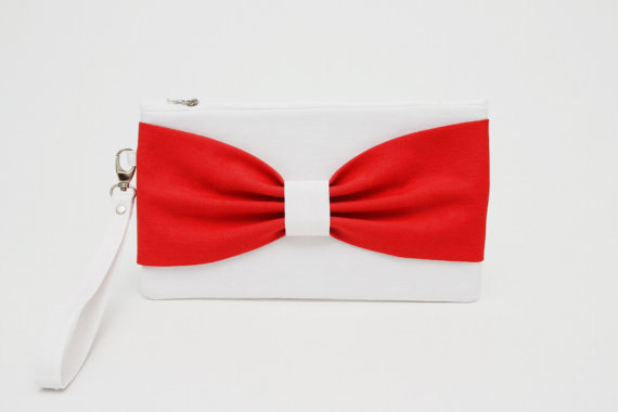 Wedding - OPENING SALE -White red bow wristelt wedding clutch ,bridesmaid clutch ,casual clutch ,Evening bag ,zipper pouch .make up bag