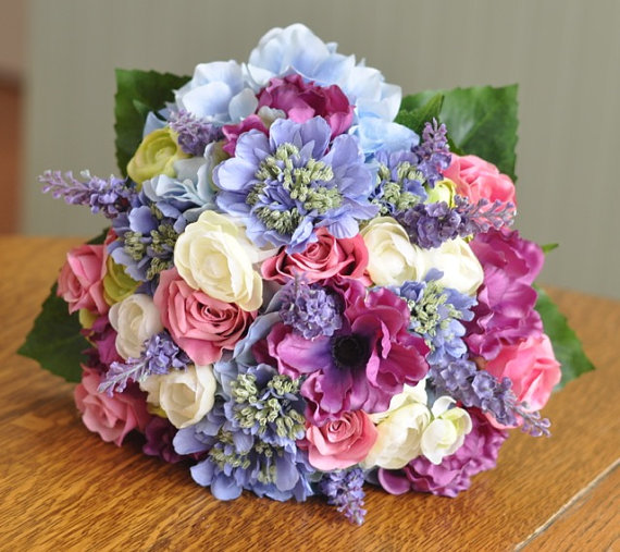 زفاف - Wedding Bouquet, Keepsake Bouquet, Bridal Bouquet, Raspberry Pink Roses, Blue Hydrangea, Lavender, Scabiosa silk flowers.
