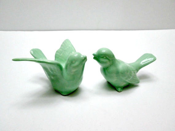 Hochzeit - Ceramic Love Birds Wedding Cake Toppers Handmade  Glazes In Ice Mint Ready to Ship