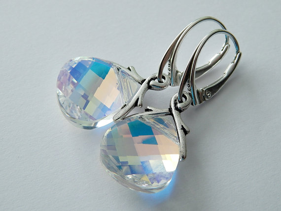 زفاف - Aurora Borealis Swarovski Crystal Drop Earrings, Handmade earrings, Wedding Jewelry, Sterling Silver Dangle Earrings