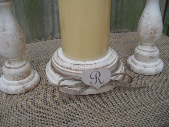 Hochzeit - Shabby Chic Wood Wedding Monogram Unity Candle Holder Set - You Pick Color - Item 1558
