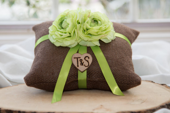 Wedding - Green ranunculus flower brown burlap personalized ring bearer pillow  shabby chic with engraved initials... many more colors available