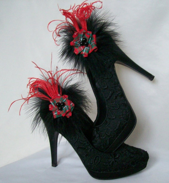 Свадьба - Tartan Ribbon Ruffle and Feather Shoe Clips Bridal Wedding Scottish Dancing - Custom Made to Order