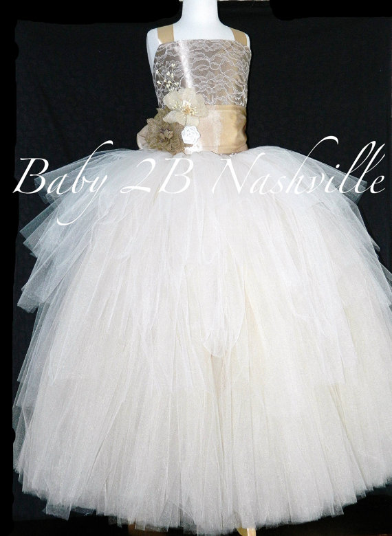 Hochzeit - Vintage Champage Lace Flower Girl Dress, Wedding Flower Girl  Dress, Champagne and Gold Lace Tutu Dress  All Sizes Girls