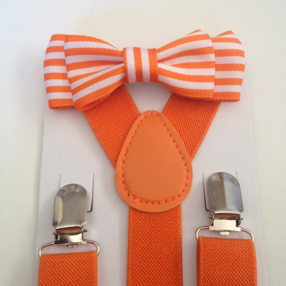 Hochzeit - Suspender Bowtie set Orange Stripe Baby bow tie Orange Suspenders  Tangerine Boys Bowties Toddler Necktie Mens bowties Wedding Ring bearer 