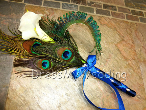 Wedding - Bridesmaids calla lily peacock feather bouquet, customize to match your wedding colors
