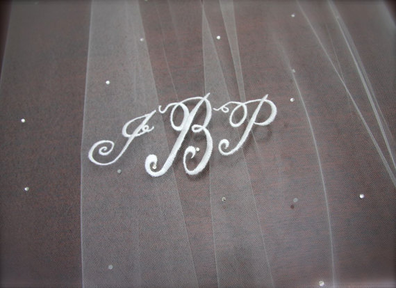 Hochzeit - Monogram Veil, Scattered Swarovski Crystals, Personalized Embroidered Initials Cathedral Bridal Veil, custom veil, Swarovski crystal veil