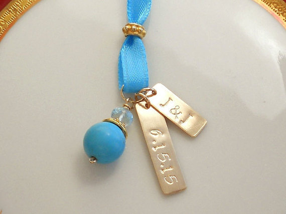 Mariage - Something Blue Bridal Bouquet Charm  AAA Turquoise AAA Blue Topaz Gold Pendant, Personalized Bar Charms Gold