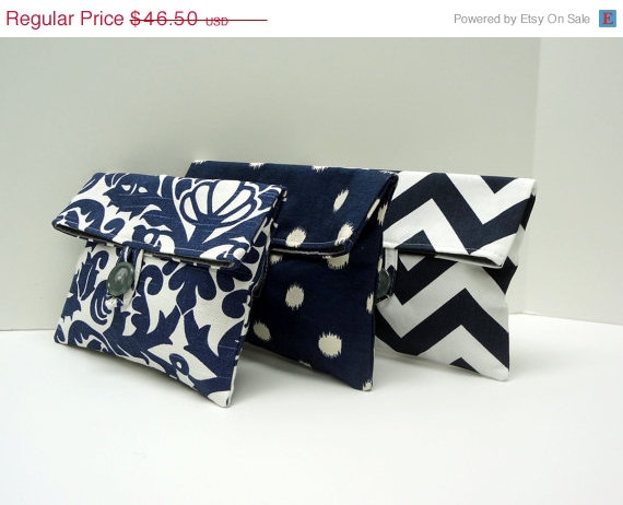 Wedding - ON SALE Navy Clutches Set of 3 Bridesmaid Gifts Gray and Navy Wedding Idea