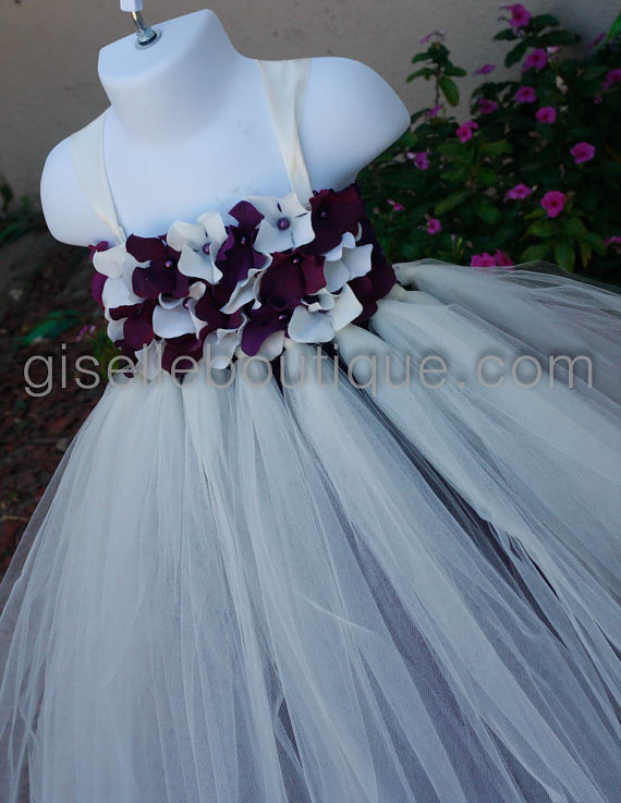 Hochzeit - Flower Girl Dress. Ivory and Eddplant Underlay TuTu Dress  .baby tutu dress, toddler tutu dress, wedding, birthday