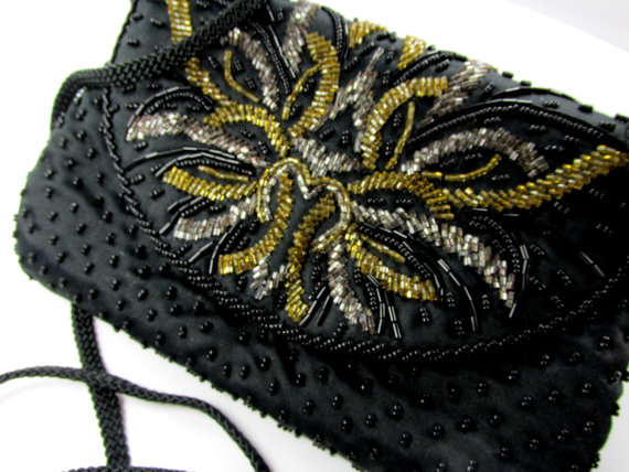 زفاف - Vintage Clutch Black Signed Genie With Silver And Gold Beaded Design Evening Bag Wedding Bridal Item 906