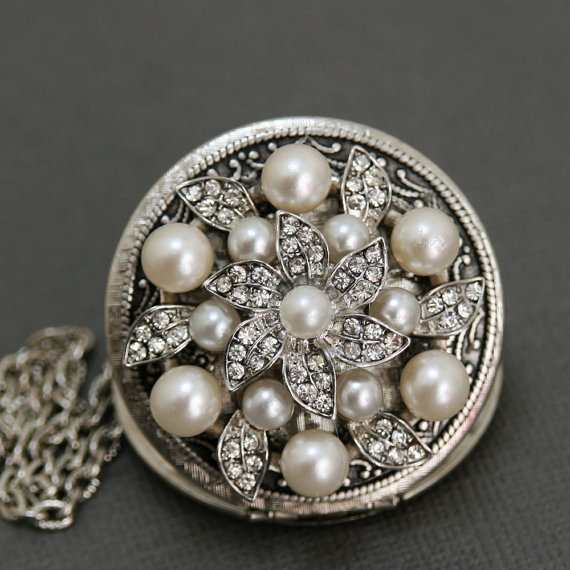 زفاف - Locket, Silver Locket, Jewelry,Necklace,Pendant,Rhinestone Pearl Locket,vintage style locket,Wedding Necklace,bridesmaid necklace