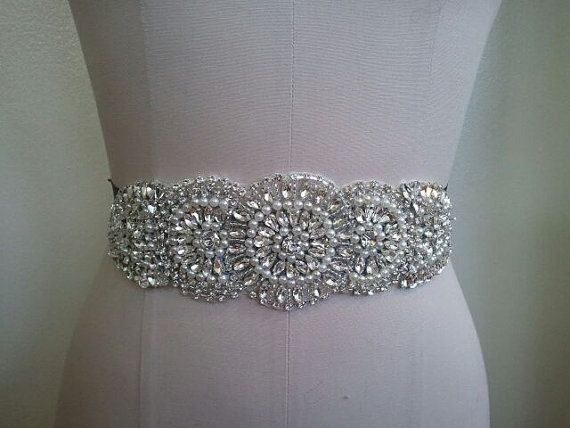 زفاف - Wedding Belt, Bridal Belt, Sash Belt, Crystal Rhinestone & Off White Pearls - Style B300112