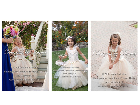 Mariage - Ivory, Champagne & Burlap flower girl dress with lace! Price is for up to a size 5t only. Larger sizes available upon request.