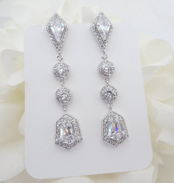 زفاف - Long Wedding earrings, Crystal Bridal earrings, Wedding jewelry, Vintage style earrings, Rhinestone earrings, Statement earrings