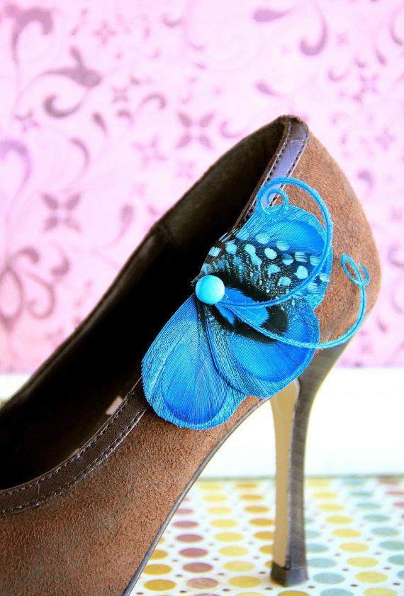 زفاف - CINDY Turquoise Peacock Shoe Clips