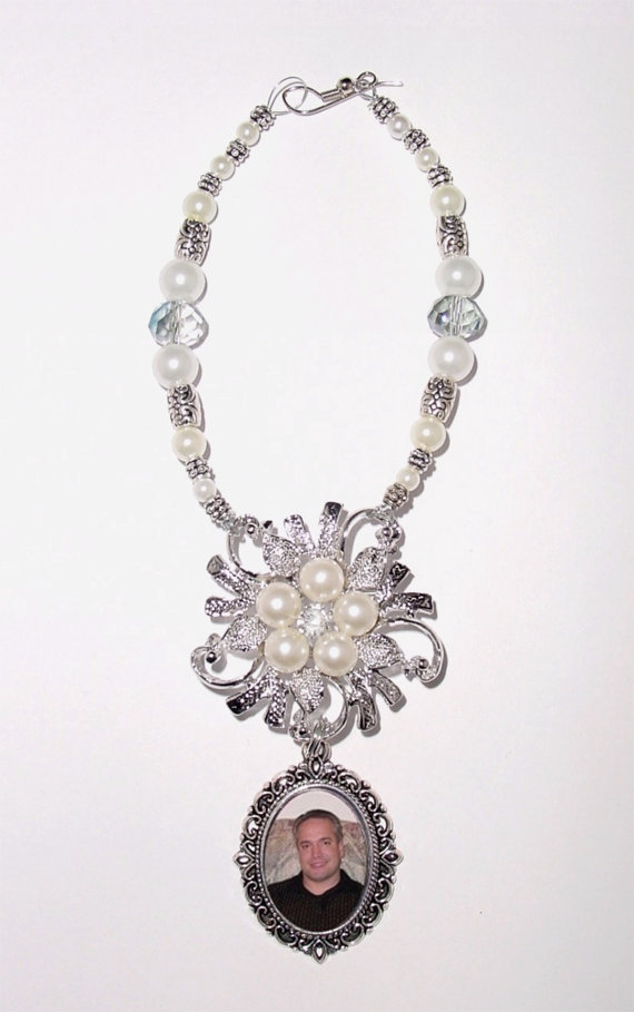 زفاف - Wedding Bouquet Memorial Photo Charm Clear Crystal Gems Metal Swirls Pearls Tibetan Beads - FREE SHIPPING