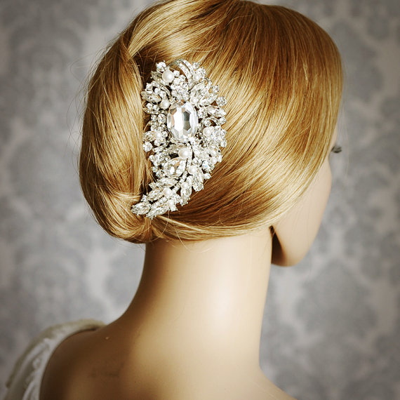 زفاف - Bridal Hair Accessories, Swarovski Pearl Wedding Hair Comb, Oval Crystal Rhinestone Bridal Hair Jewelry, Vintage Style Wedding Comb, BRENDA