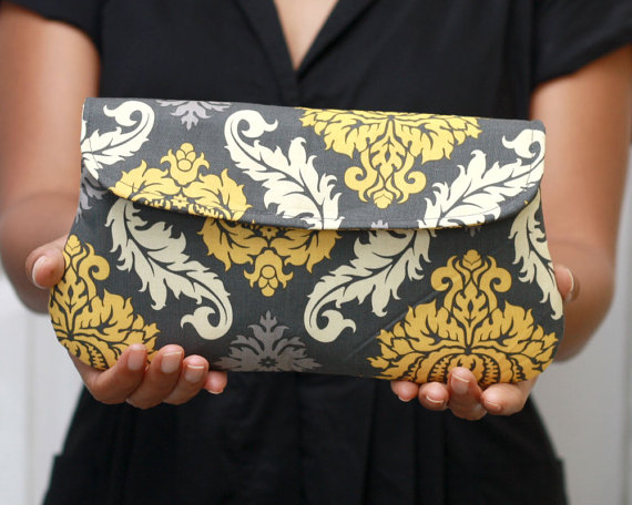 Свадьба - Wedding Clutch/ Bridesmaid Gift Damask in yellow and gray