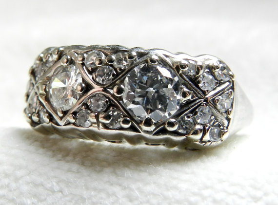 زفاف - Antique Old European Cut Diamond Engagement Ring 1.5 carats 14K White Gold Art Deco Diamond Ring Toi Et Moi Ring