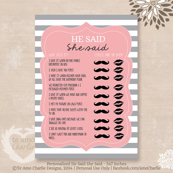 Hochzeit - He Said She Said Bridal Shower Game - Personalized Wedding Shower Printable Games