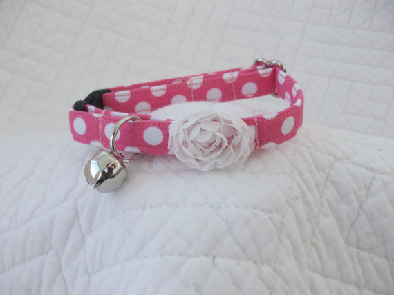 Hochzeit - Shabby Chic Pink Polka Dot  Cat Collar with bell   Wedding Cat  Breakaway Collar Custom Made