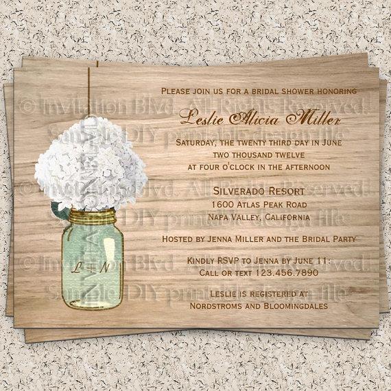 Hochzeit - Bridal Shower Invitation, Rustic Bridal Shower Invitation, Mason Jar & Flowers Country Wooden Rustic Bridal Shower Printable Invitation