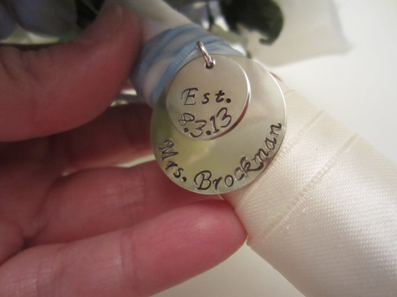 Свадьба - Bridal Bouquet Charm in Sterling Silver-Personalized Hand Stamped Wedding Bouquet Charm-Bridal Accessories