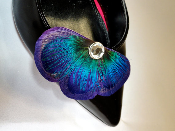 Свадьба - BALEY Dark Purple Peacock Feather Shoe Clips