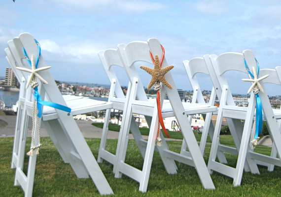 Hochzeit - Beach Wedding Decor Starfish Chair Decoration - Natural White or Sugar Starfish with Cording and Ribbon - Many Ribbon Colors available