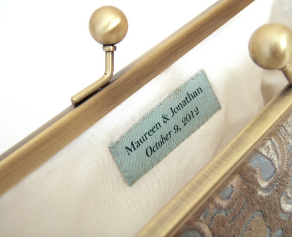 زفاف - Custom silk label for clutch bag: hand-stitched / personalised message / wedding momento / bridal gift