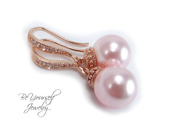 Mariage - Rose Gold Pearl Bridal Earrings Swarovski Crystal Rosaline Pearls Blush Pink Pearl Earrings Wedding Jewelry Bridesmaid Gift Copper Pink Gold