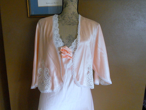 زفاف - Vintage Lace Nightgown with Jacket Scaasi Satin Wedding Lingerie Sexy Romantic Long Nightgown