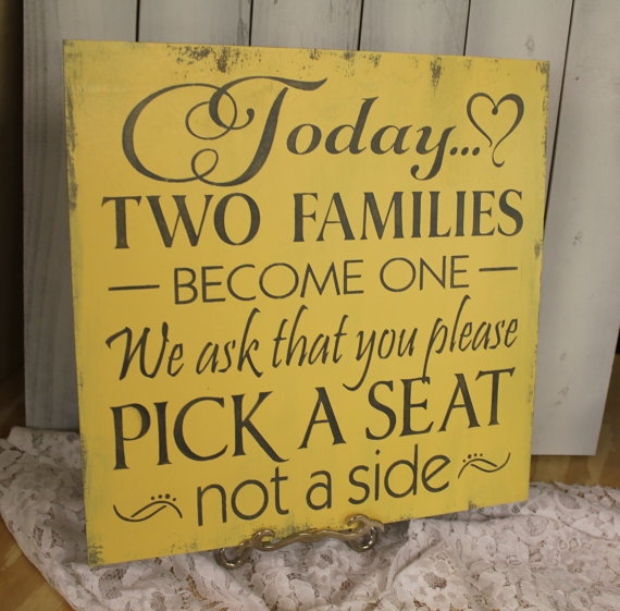 Hochzeit - Wedding signs/Today Two Families Become One/Pick a Seat not a Side Sign/Yellow/Gray