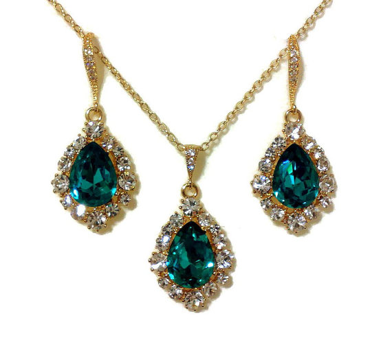 Wedding - Teal Green Bridal Jewelry Set, Peacock Wedding, Blue Zircon Earrings, Teardrop Necklace, Gold Jewelry,  BIJOUX