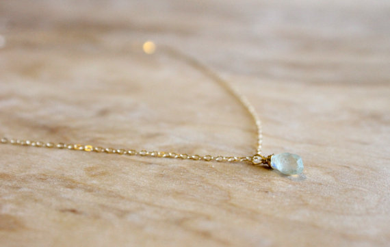 Wedding - Tiny Aquamarine Necklace - 14k Gold Fill or Silver - March Birthstone - Mint Bridesmaids Necklace - Teal Blue Turquoise - Delicate Tear Drop