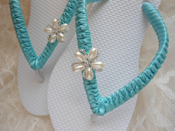 Mariage - Blue wedding shoes / Trending Bridal Colors / Bridal flip flops / decorated sandals / bridesmaids shoes / maid of honor gift