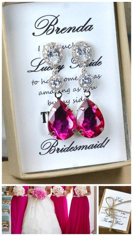 Wedding - Wedding Jewelry Bridesmaid Gift Bridesmaid Jewelry Bridal Jewelry pink fuchsia pink Drop dangle cubic Earrings, ruby fuchsia,bridesmaid gift