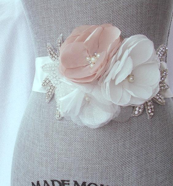 Hochzeit - Blush Bridal Sash with Rhinestone Applique Embellishment , Blush and Ivory Bridal Belt, Rhinestone Bridal Sash