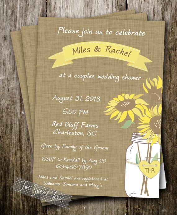 Wedding - Country Mason Jar Shower Sunflower Invitation Vintage Shabby Chic Baby Bridal Wedding Digital Printable