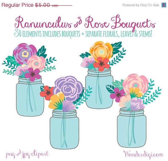 Свадьба - Clipart SALE Mason Jar Bouquet ClipArt - Floral Bouquet - Flowers - Wedding ClipArt - DIY Party Invitation