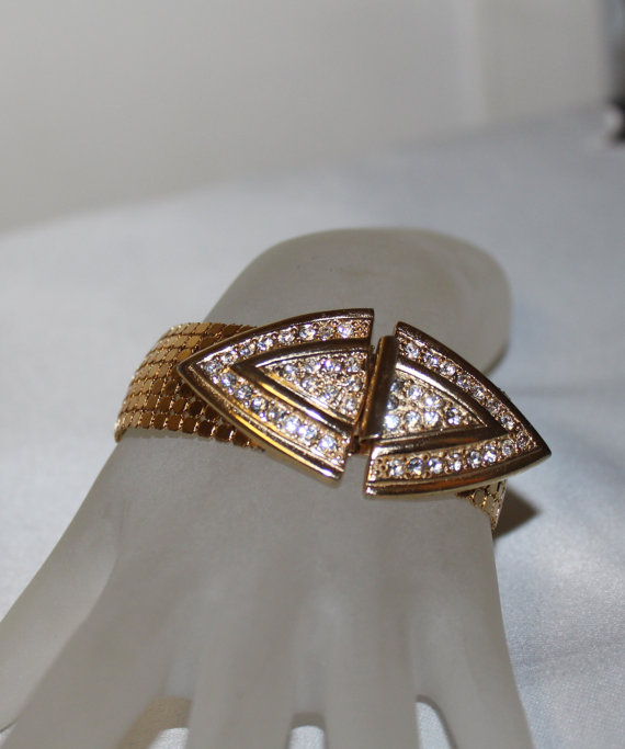 زفاف - Vintage Art Deco Rhinestone Chain Mesh Hinged Bracelet Wedding Bracelet Jewelry Whiting Davis