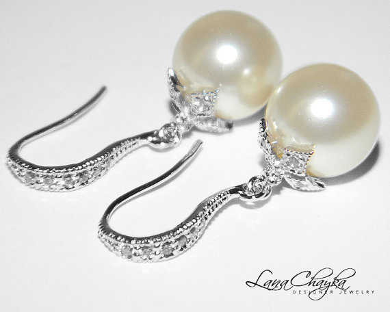 زفاف - Wedding Pearl Earrings, Cream Ivory Pearl CZ Sterling Silver Earrings, Swarovski Ivory Pearl, Bridal Ivory Pearl Jewelry Free US Shipping