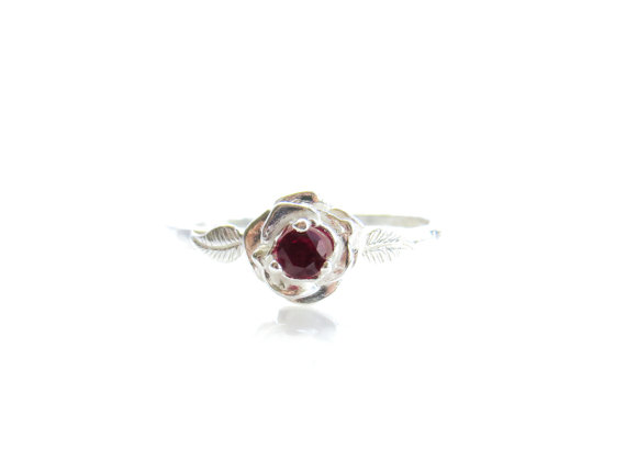 Свадьба - Custom order 14k White Gold Size 7.5,  .11 Carat Natural 3mm Ceylon Dark Ruby, Solitaire, Flower, Rose, Engagement Ring, Wedding Ring, Bride