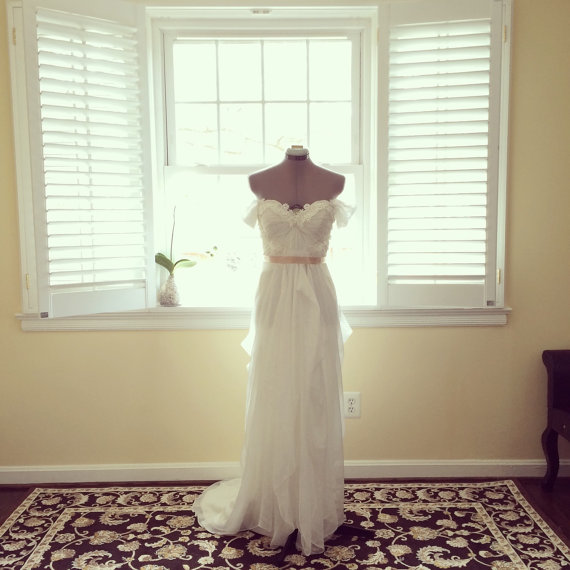 Свадьба - Bella-Off the shoulder soft white chiffon wedding dress- made to order - sweetheart A-line - beach wedding
